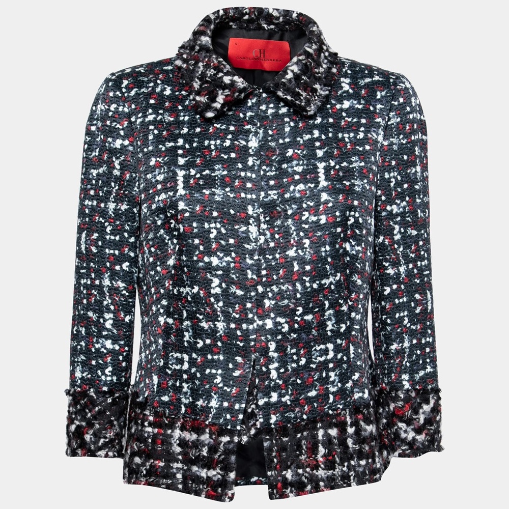 $2290 CH Carolina Herrera Black Tweed Paneled Peplum Cotton/Silk‎ Jacket Size 6